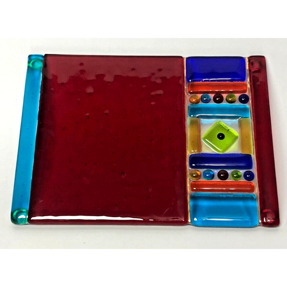 Signed Kathy Hudson Me 2 U Fused Art Glass Cheese Tray Trinket Dish Colorful - Picture 1 of 3